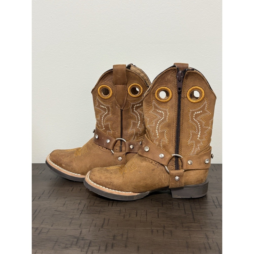 RW Brown Leather Western Boots Girls 16.5 US 9.5 Rhinestone Stud Ankle Harness - Picture 2 of 10